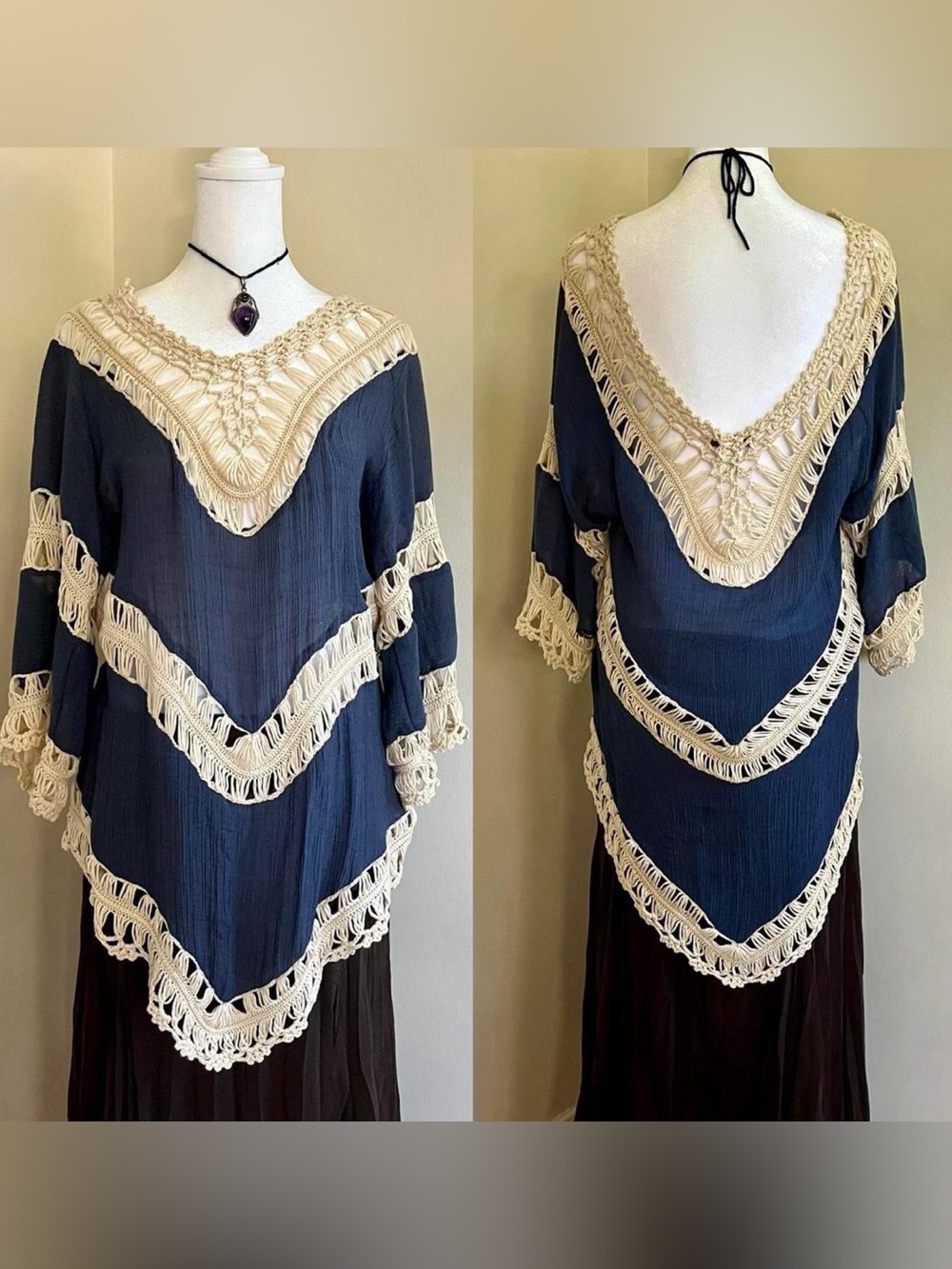 Vintage Y2K boho crochet knit poncho tunic top blue cream handkerchief v-hem 70s